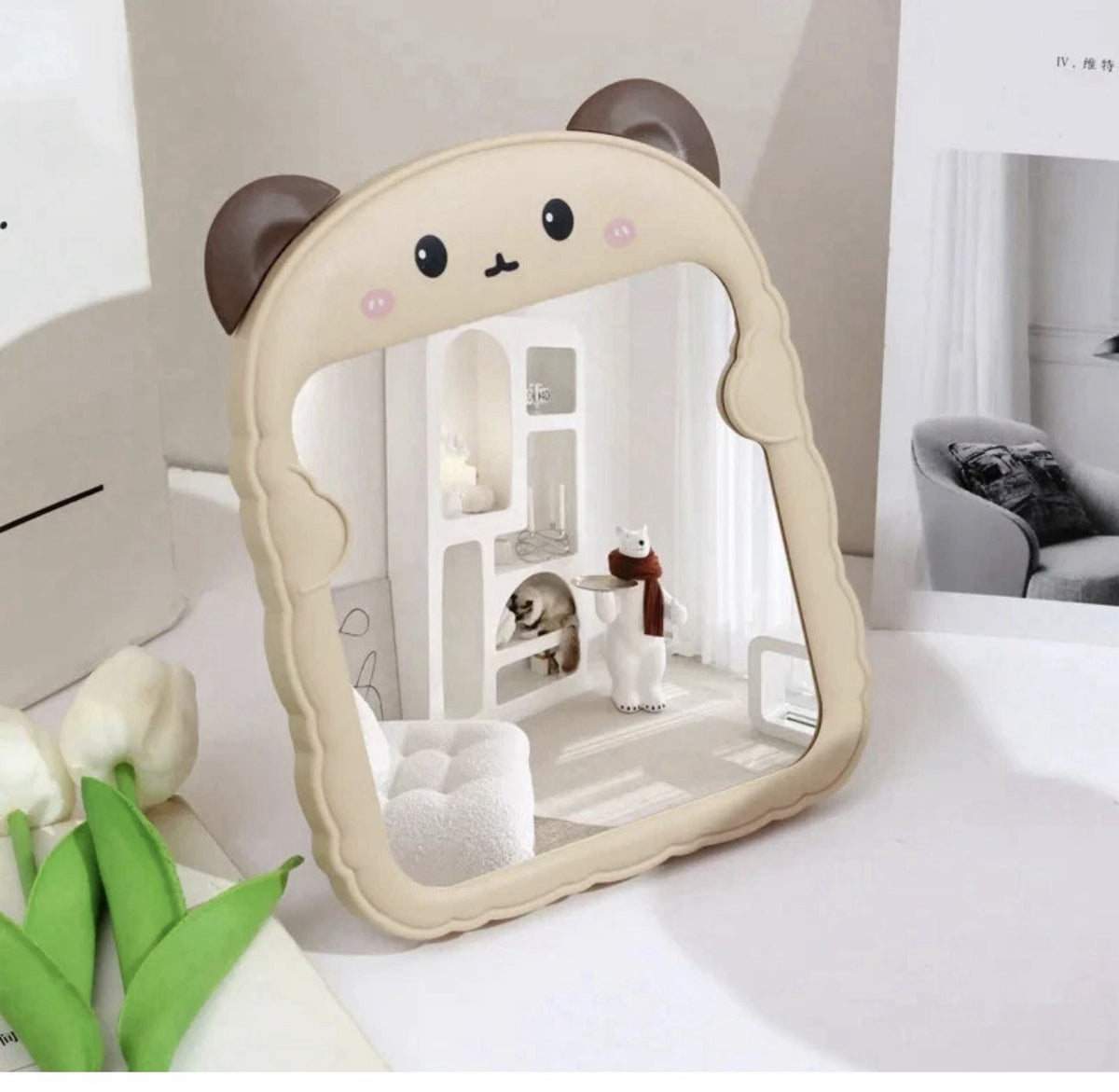 Cute Plastic Vanity Mirror with Cartoon Cat & Bear Ears - Foldable Desktop Accessory