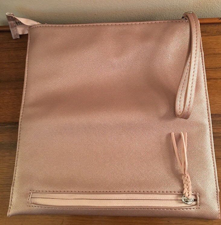 Metallic Rose Gold Faux Leather Makeup Bag - Slim Cosmetic Pouch with Zipper & Wristlet