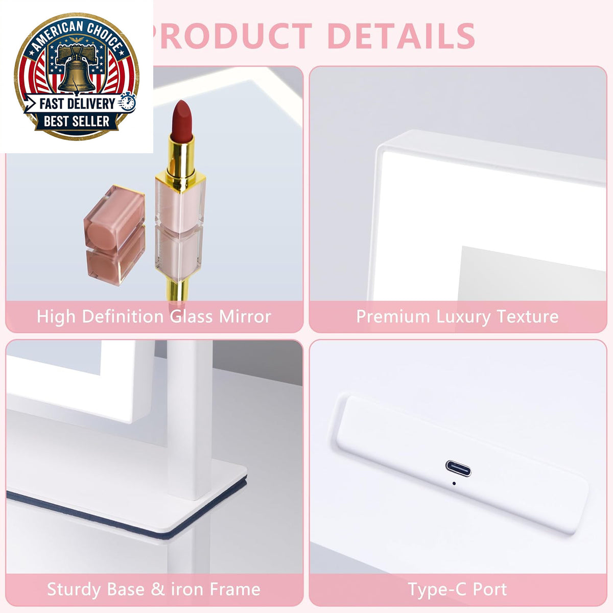 Lighted Vanity Mirror with 3 Color LED Lights, 16.7 x 13.2 Inch, 360° Rotation, Touch Control