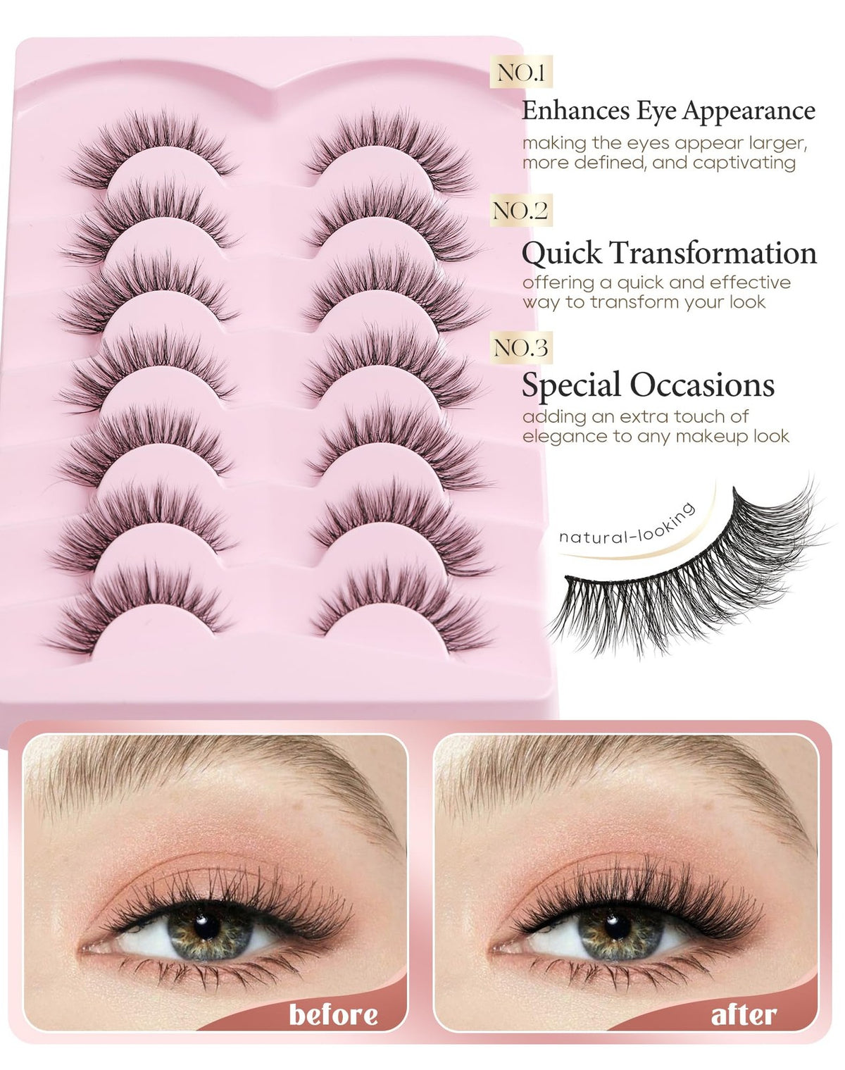 Natural Wispy False Eyelashes 7 Pairs Lightweight Reusable Strip Lashes