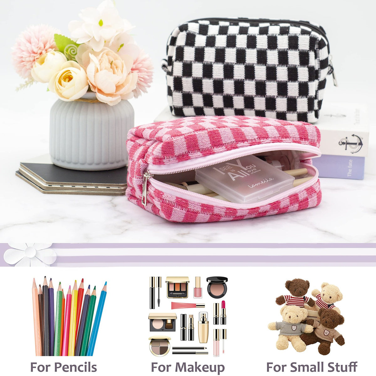 Checkered Makeup Bag with Handle, Compact Rectangular Cosmetic Organizer