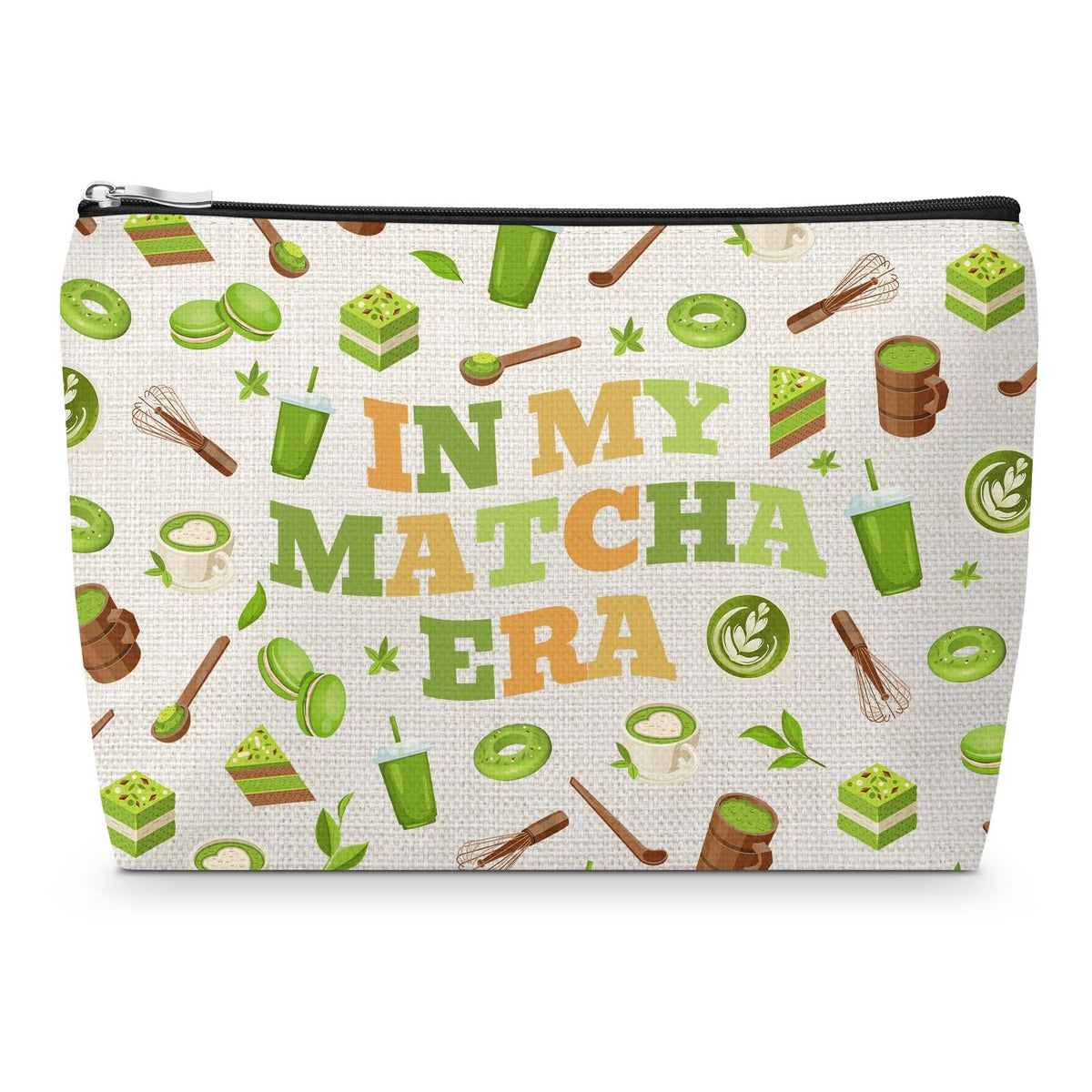 Matcha Themed Makeup Bag for Women - Beige Linen Cosmetic Organizer 25x17cm