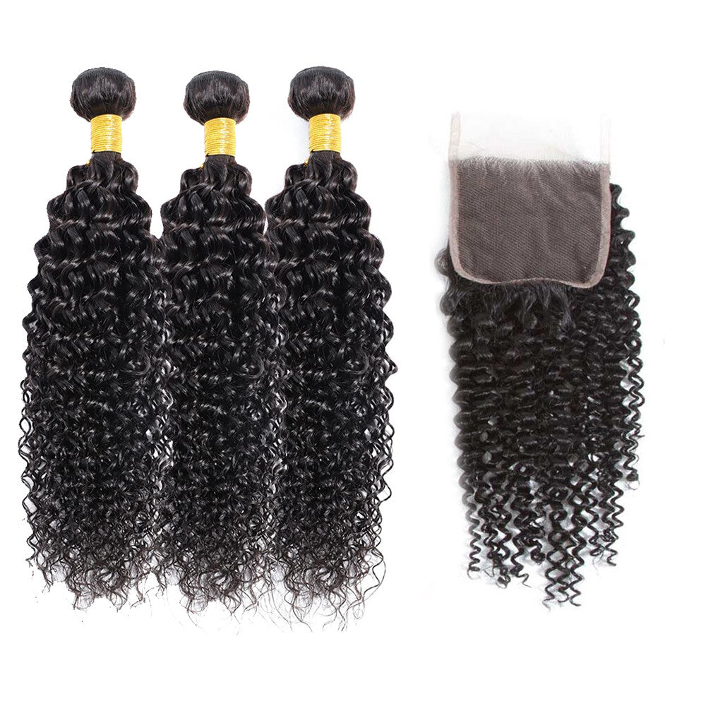 Brazilian Kinky Curl Virgin Human Hair Bundles & Closure Set - Natural Black