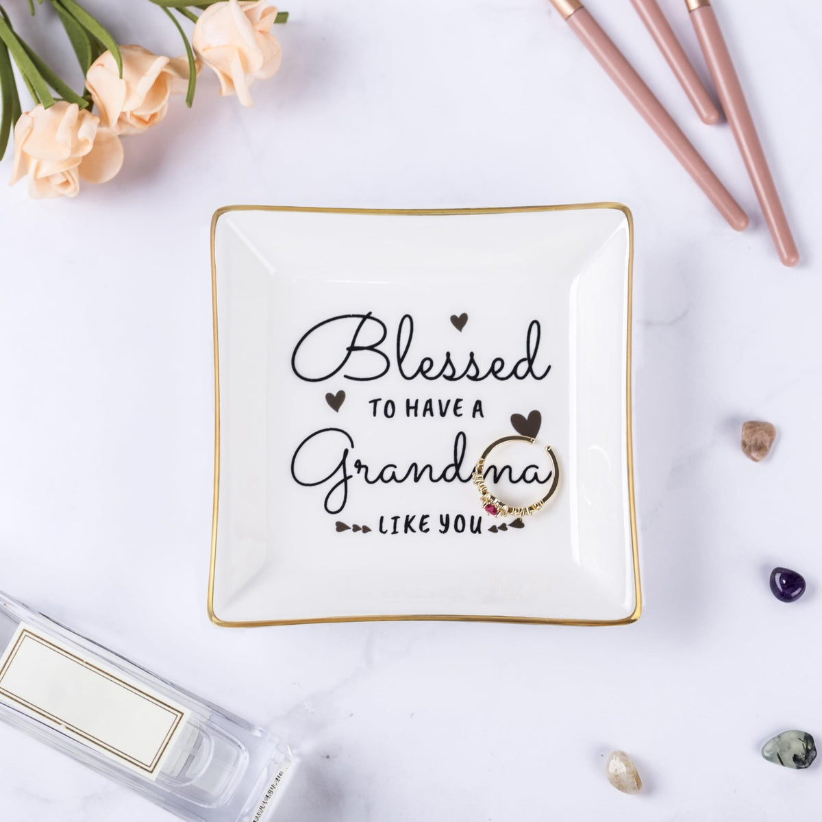 Grandma Jewelry Ring Dish Gift - Heartwarming Ceramic Trinket Tray for Birthday, Mother's Day, Christmas