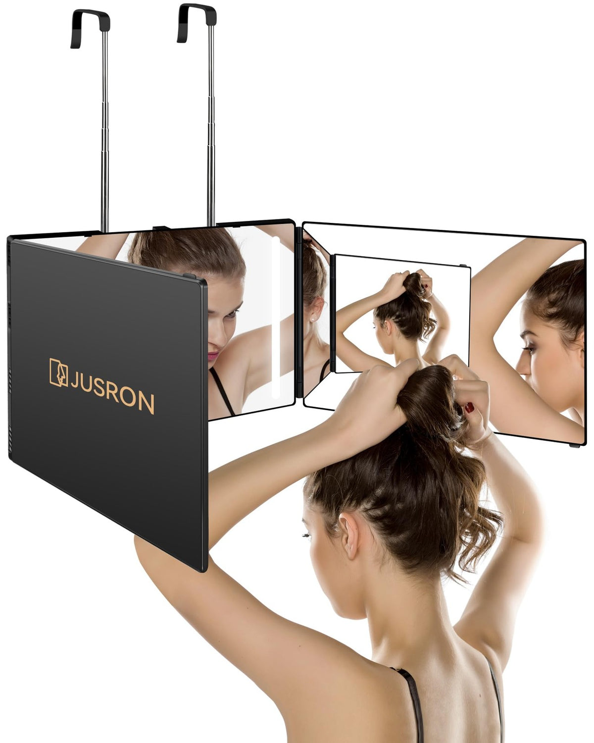 Self Hair Cutting Mirror with 360° View, Anti-Fog HD Glass, USB Rechargeable & Adjustable Height