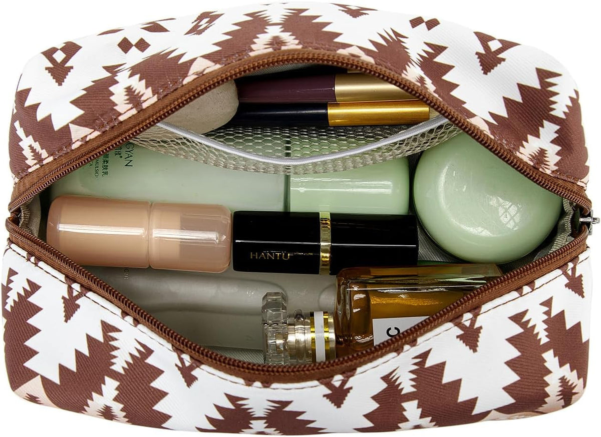 Waterproof Travel Makeup Bag with Aztec Print - Portable Cosmetic Organizer for Women