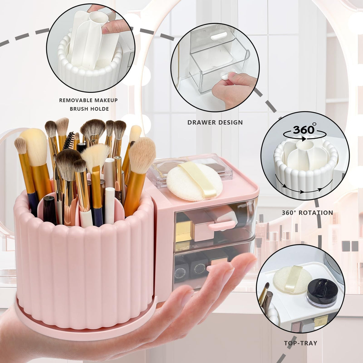 Rotating Makeup Brush Organizer with 2 Drawers - 9.25x5.11 Inch