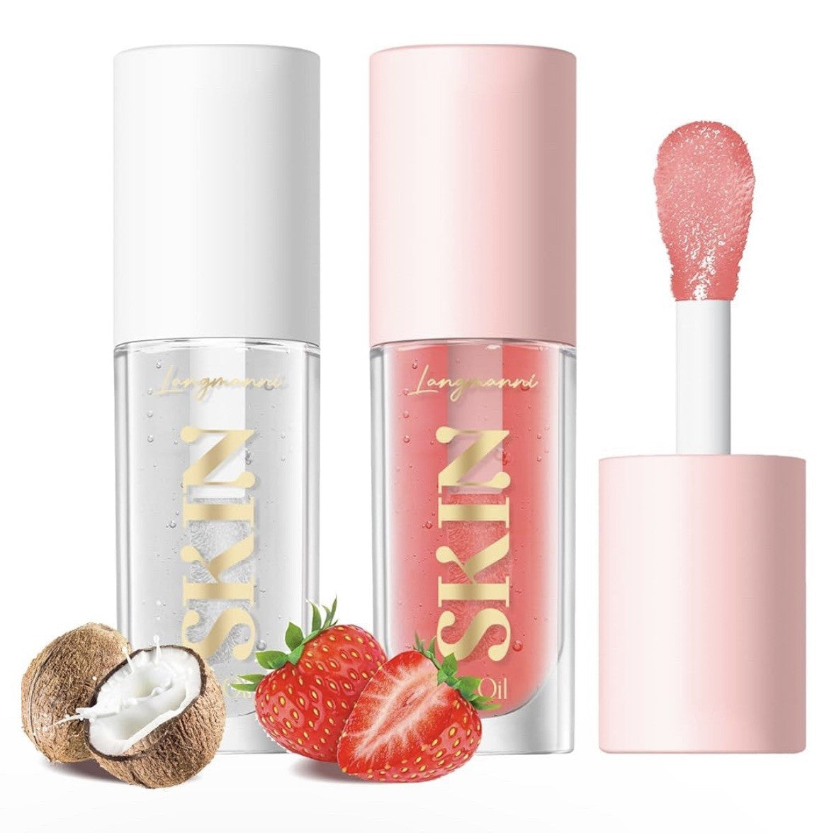 Langmanni Lip Gloss Oil No-Sticky Lip Oil Set - Strawberry & Coconut Flavors