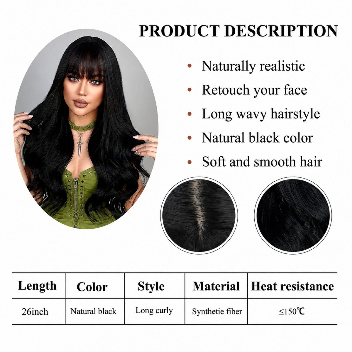 Long Wavy Synthetic Wig with Bangs - Heat Resistant Cosplay Hair