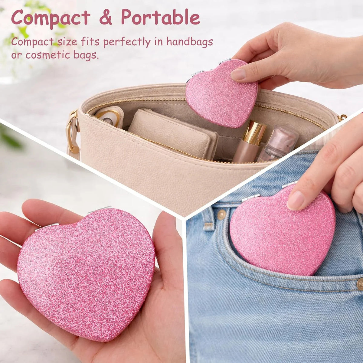 Heart Shaped Compact Mirror Set - Pink Portable Travel Makeup Mirrors