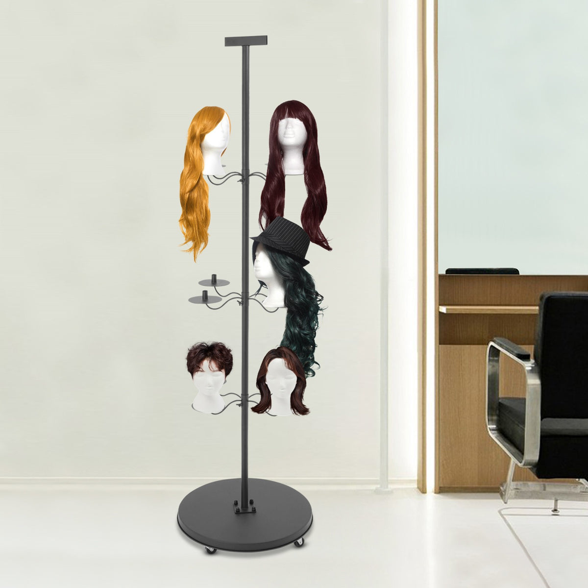 12-Head Wig Display Stand Black Wig Holder & Storage Rack 70x20in