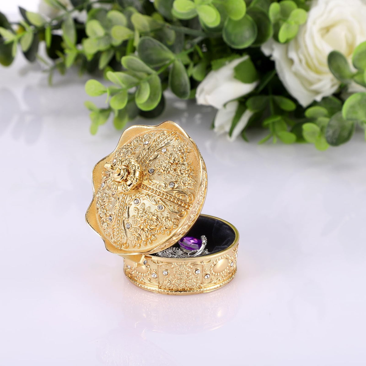 Vintage Jewelry Box Small Trinket Holder for Earrings, Gold