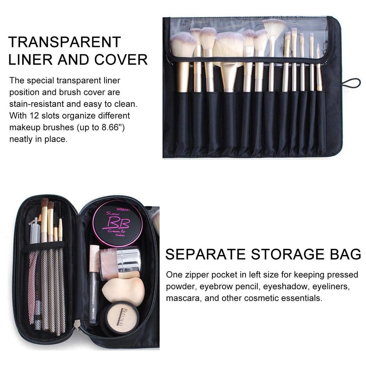 Travel Makeup Brush Bag Organizer Roll-Up Case with Water-Resistant Nylon