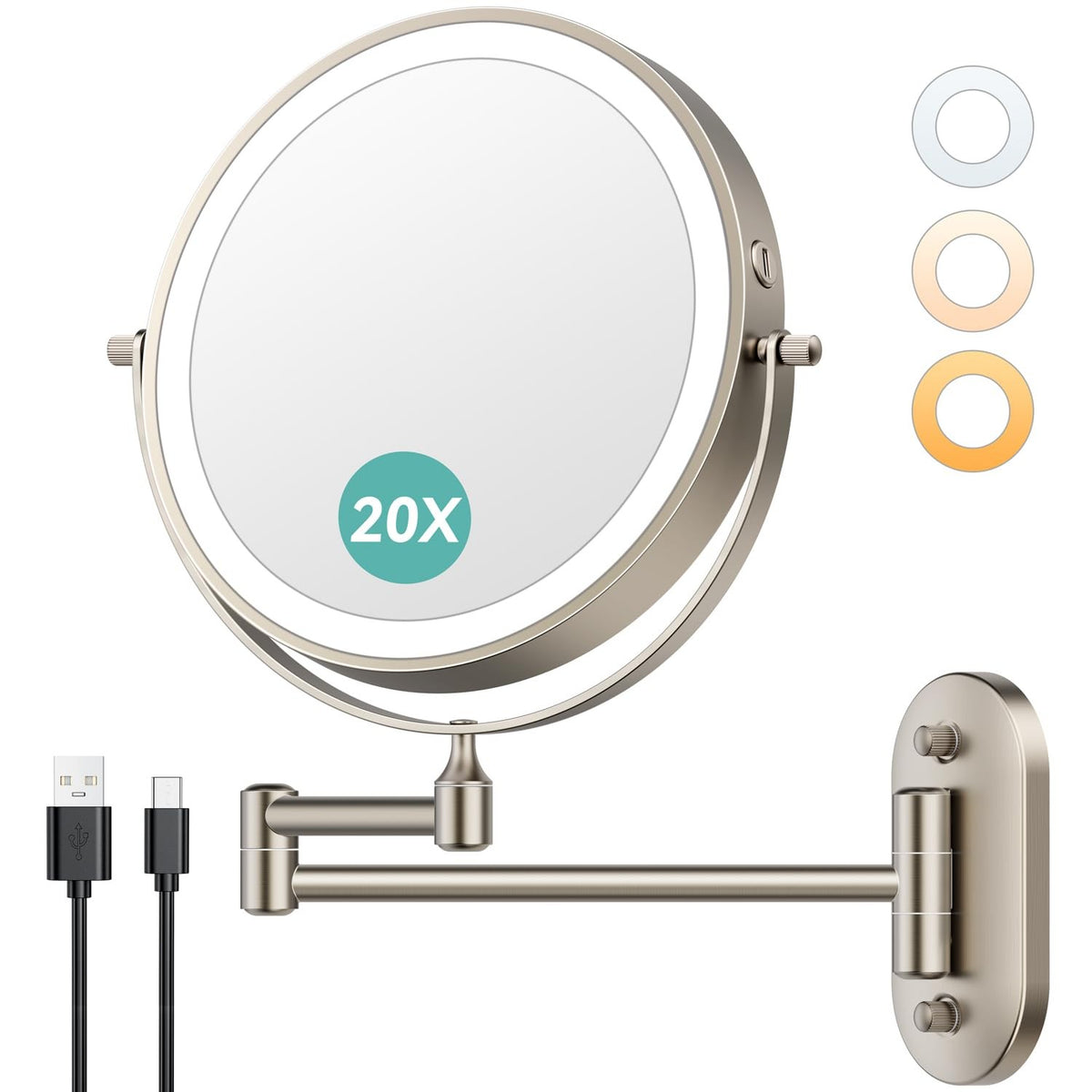 Wall Mounted Lighted Makeup Mirror 8In 1X/20X Magnification Rechargeable 3200mAh
