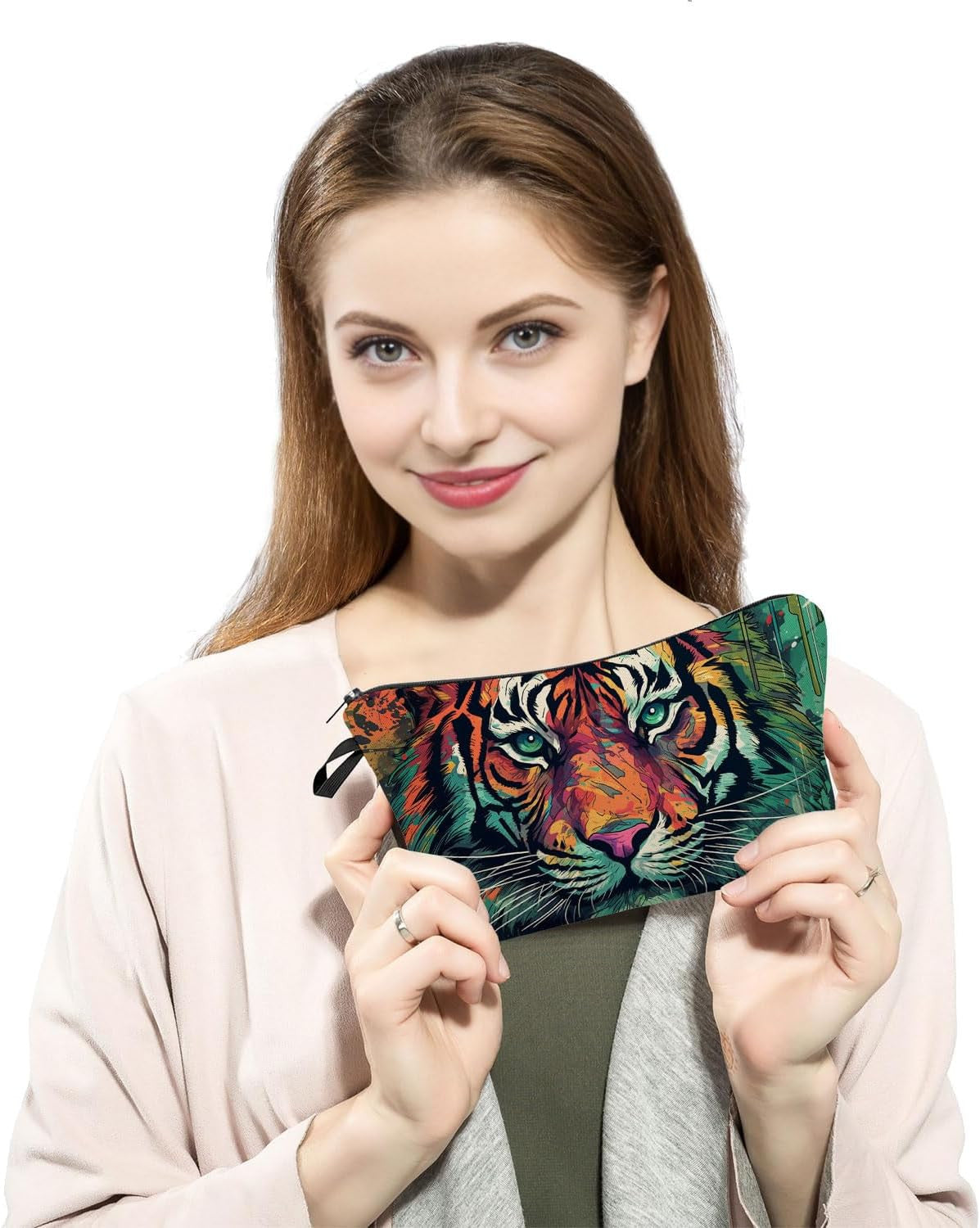 Tiger Print Small Cosmetic Bag - Sunflower Ginger Cat Makeup Organizer Zipper Pouch