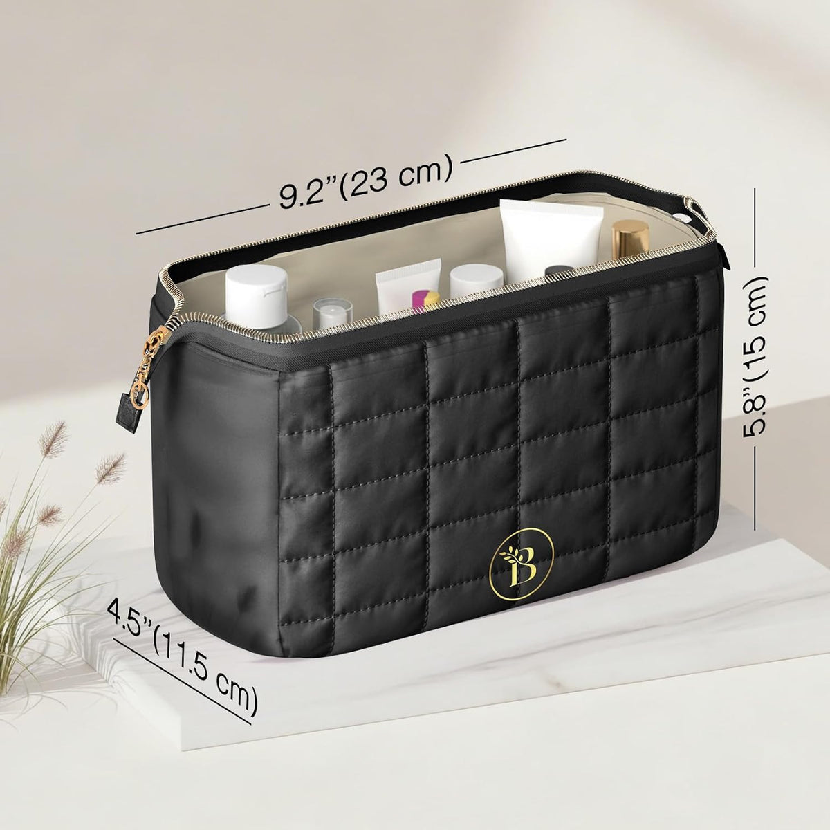 Quilted Black Makeup Bag | Travel Toiletry Organizer with Wide-Open Top