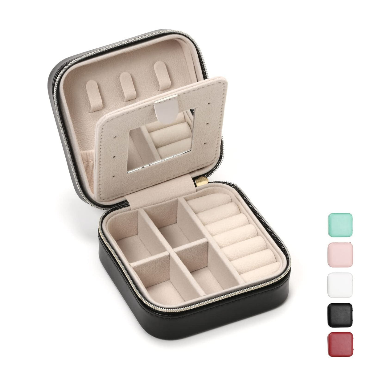 Travel Jewelry Case with Mirror - Compact Jewelry Organizer for Earrings, Rings, Necklaces - Black