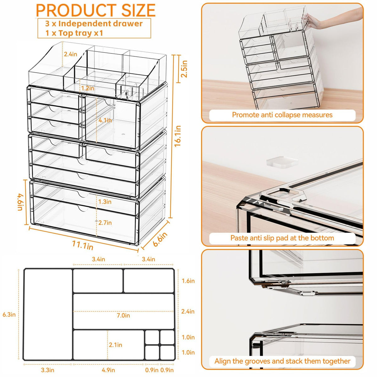 Large Capacity Makeup Organizer with Stackable Drawers and Top Tray - Clear Vanity Storage for Cosmetics & Skincare