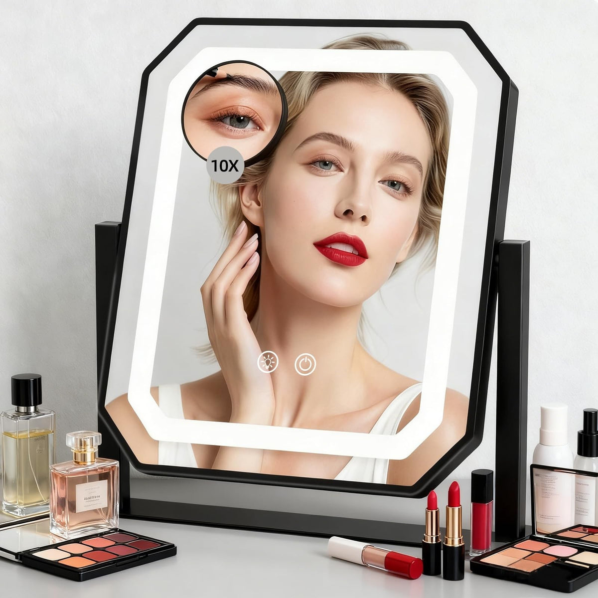 Lighted Makeup Mirror with 3 Color Modes, Touch Control, 10x Magnifier, 12x10 Inch Vanity Mirror