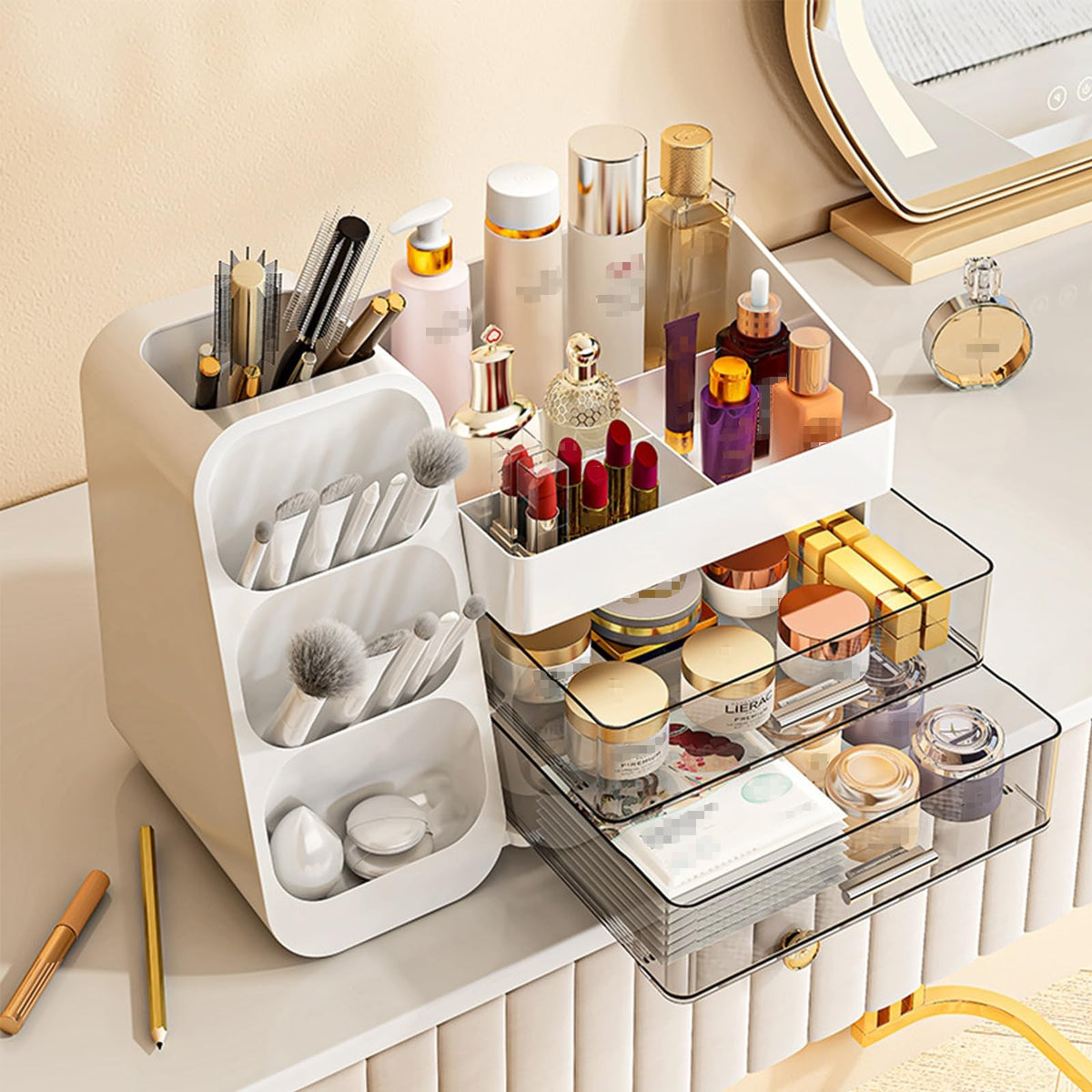 Makeup Organizer with Drawer for Cosmetics & Skincare - White