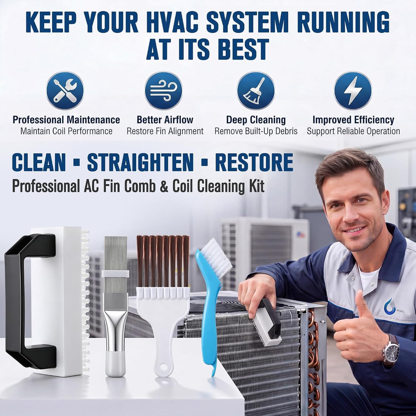 4PCS AC Fin Comb & Coil Cleaning Brush Set - HVAC Fin Straightening & Maintenance Tool