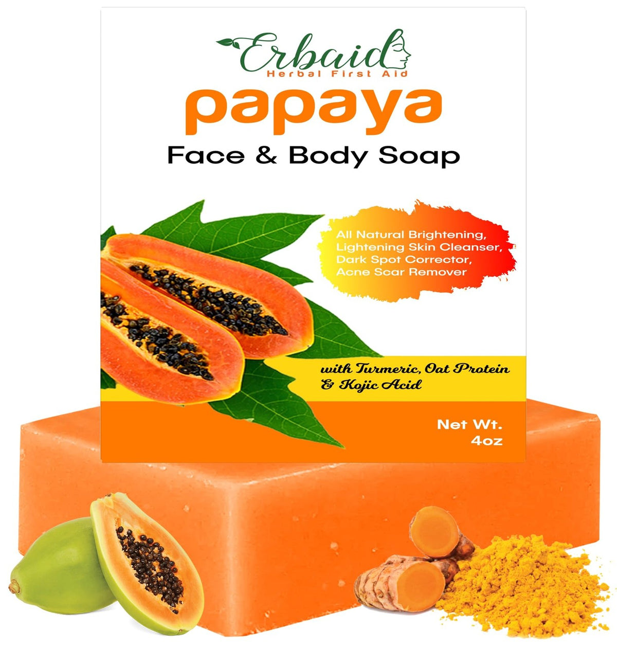 Erbaid Papaya Soap Face & Body Wash – Skin Brightening 4 Ounce (Pack