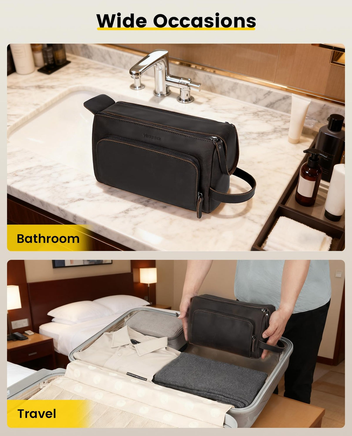 Genuine Leather Toiletry Bag for Men Water-Resistant Travel Case Dark Brown