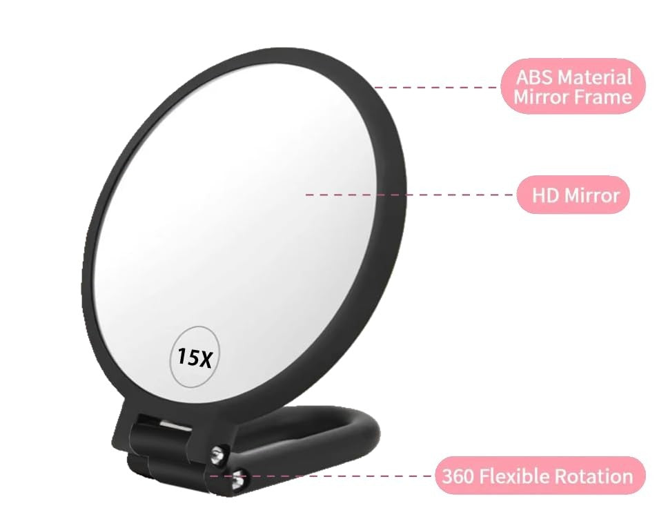 15X Handheld Travel Mirror with Adjustable Rotation Handle Double-Sided Magnifying