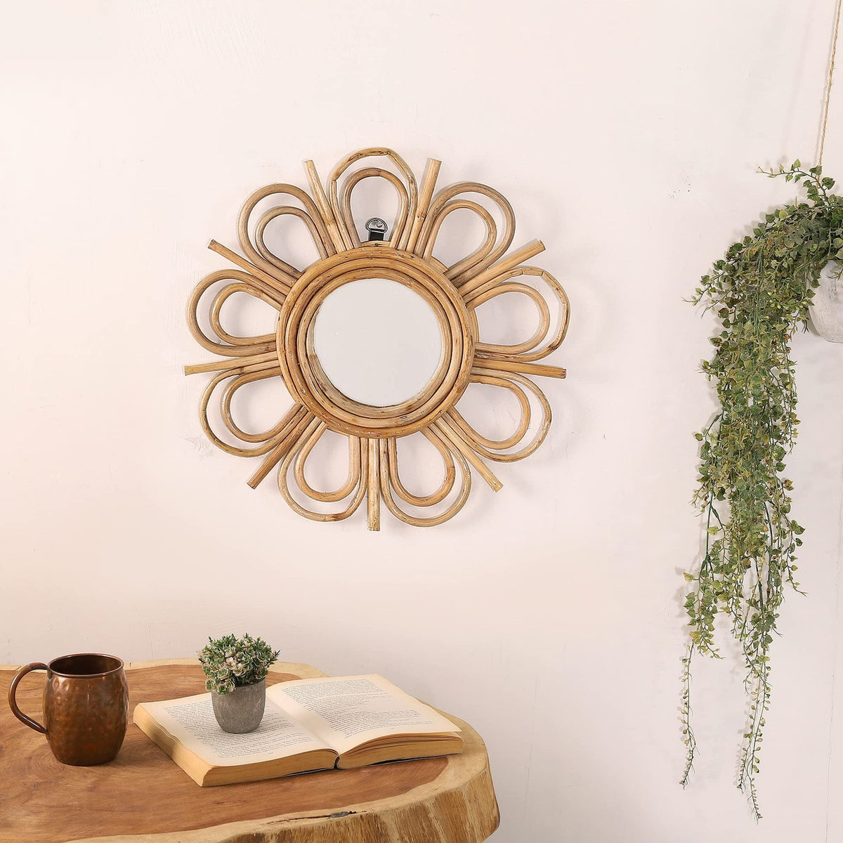 Flower Mirror - Rustic 10 Inch Round Wall Decor with Rattan Frame