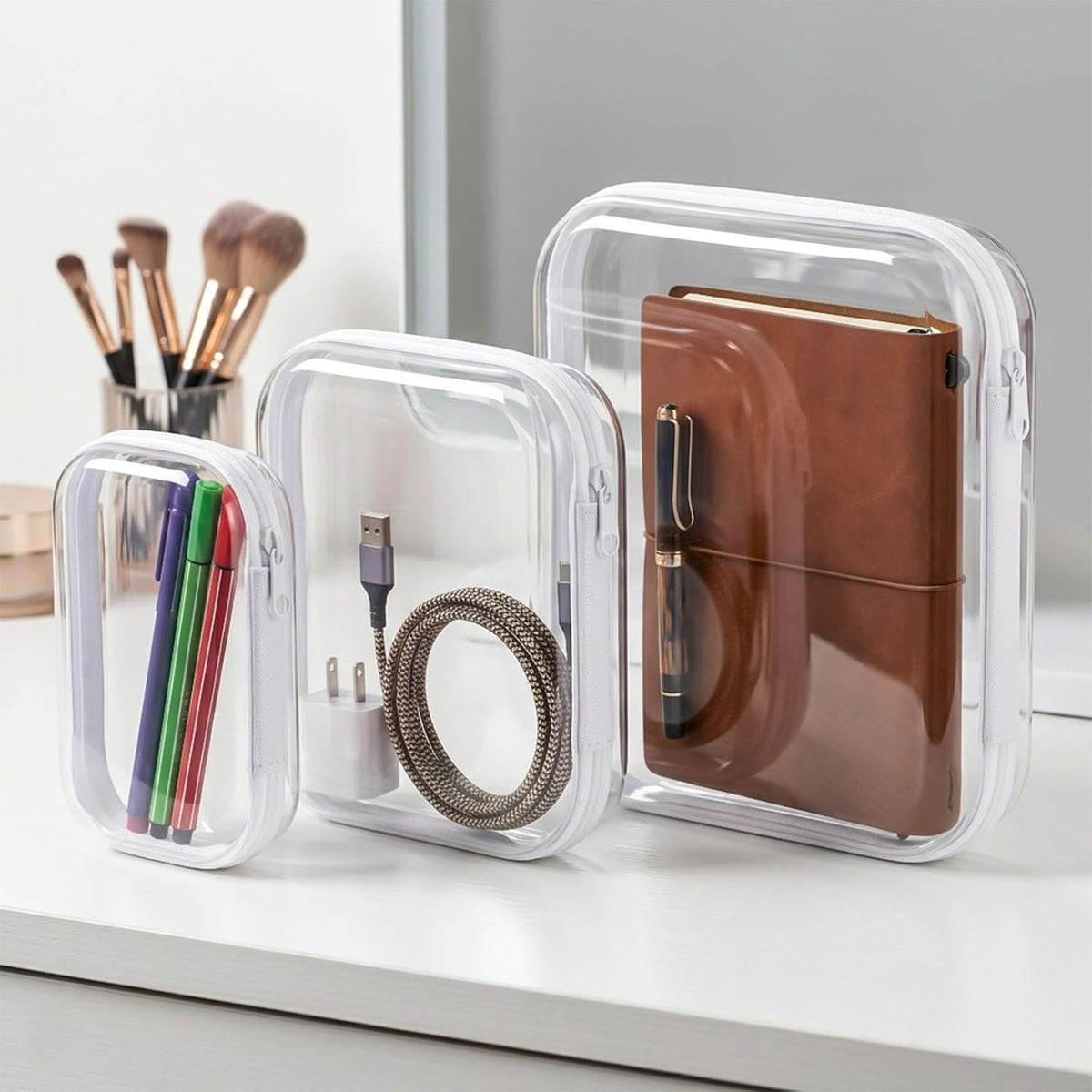 6 Pack Clear Hard Shell Zipper Cases for Travel & Organization - Multiple Sizes