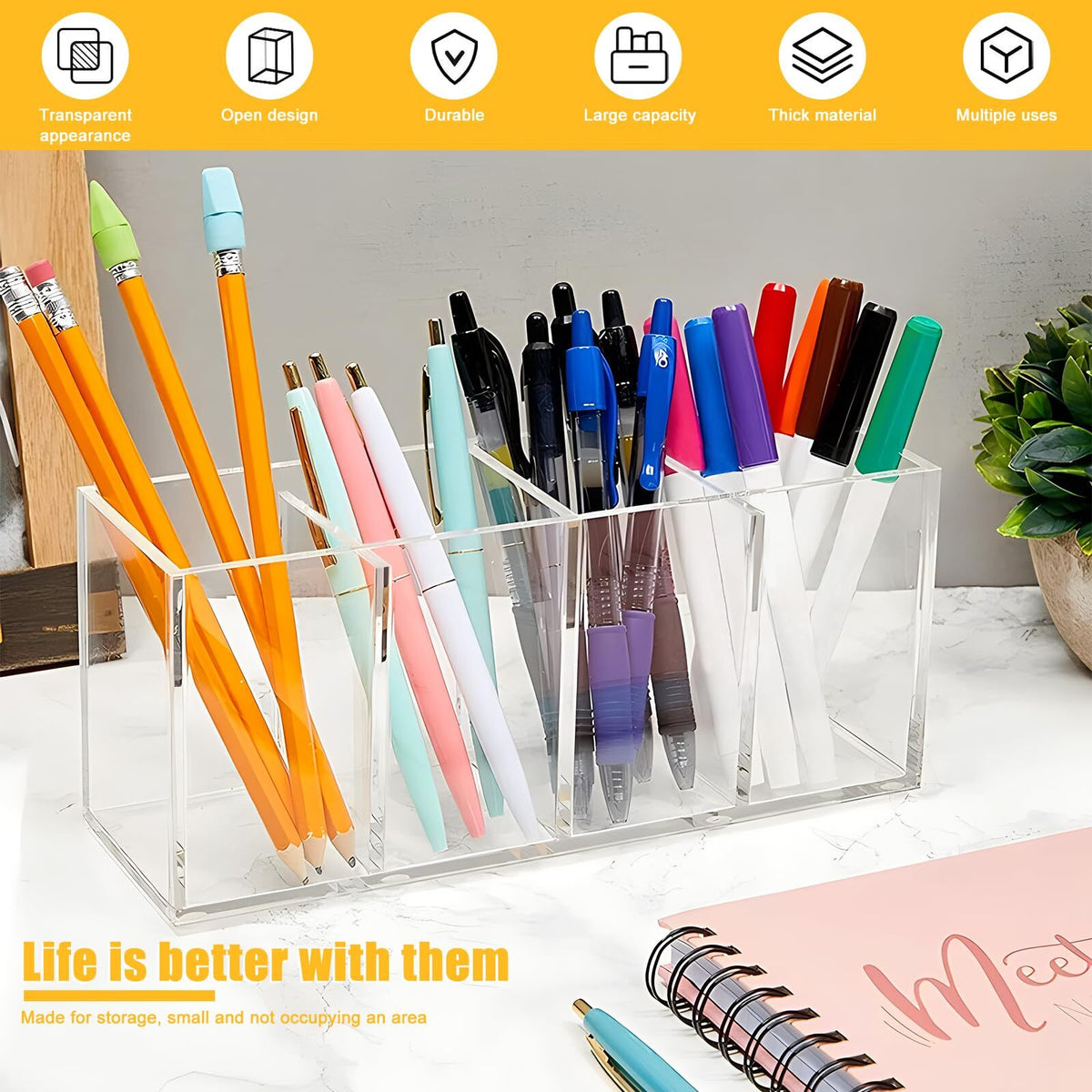 4-Compartment Acrylic Desk Organizer for Pens, Makeup Brushes & Stationery