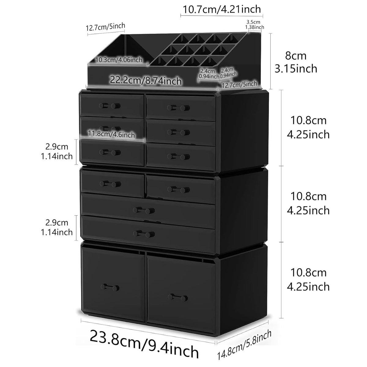 12-Drawer Makeup Organizer Storage Box with Stackable Compartments