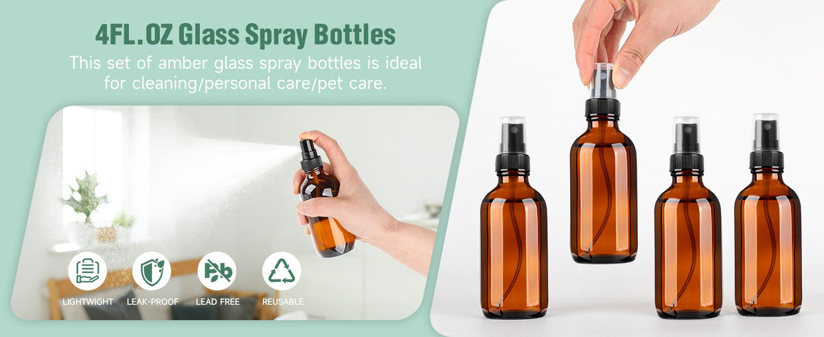 4oz Amber Glass Spray Bottles Set of 4 – Empty Mist Sprayers with Nozzles, Funnels & Labels