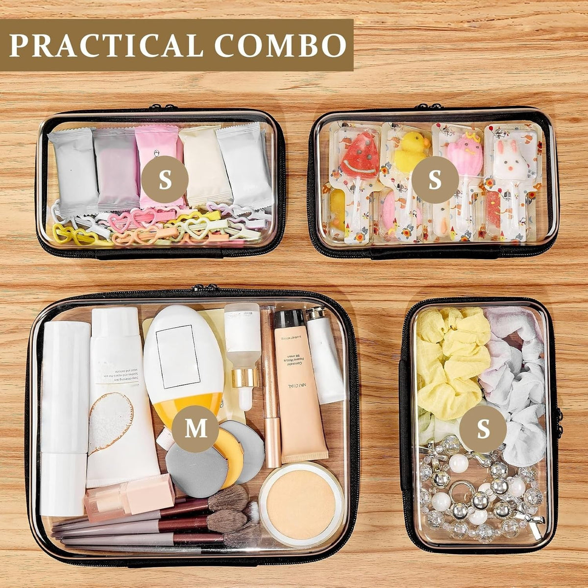 Set of 4 Clear Hard Shell Travel & Storage Pouches - Organizer Bags