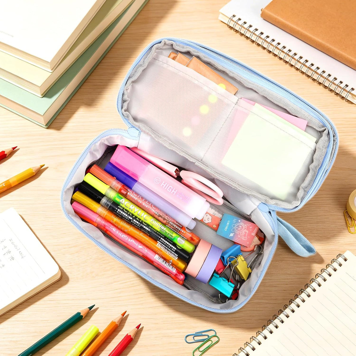 Large Capacity Double Layer Pencil Case with 5 Compartments and Zipper - Canvas Stationery Organizer