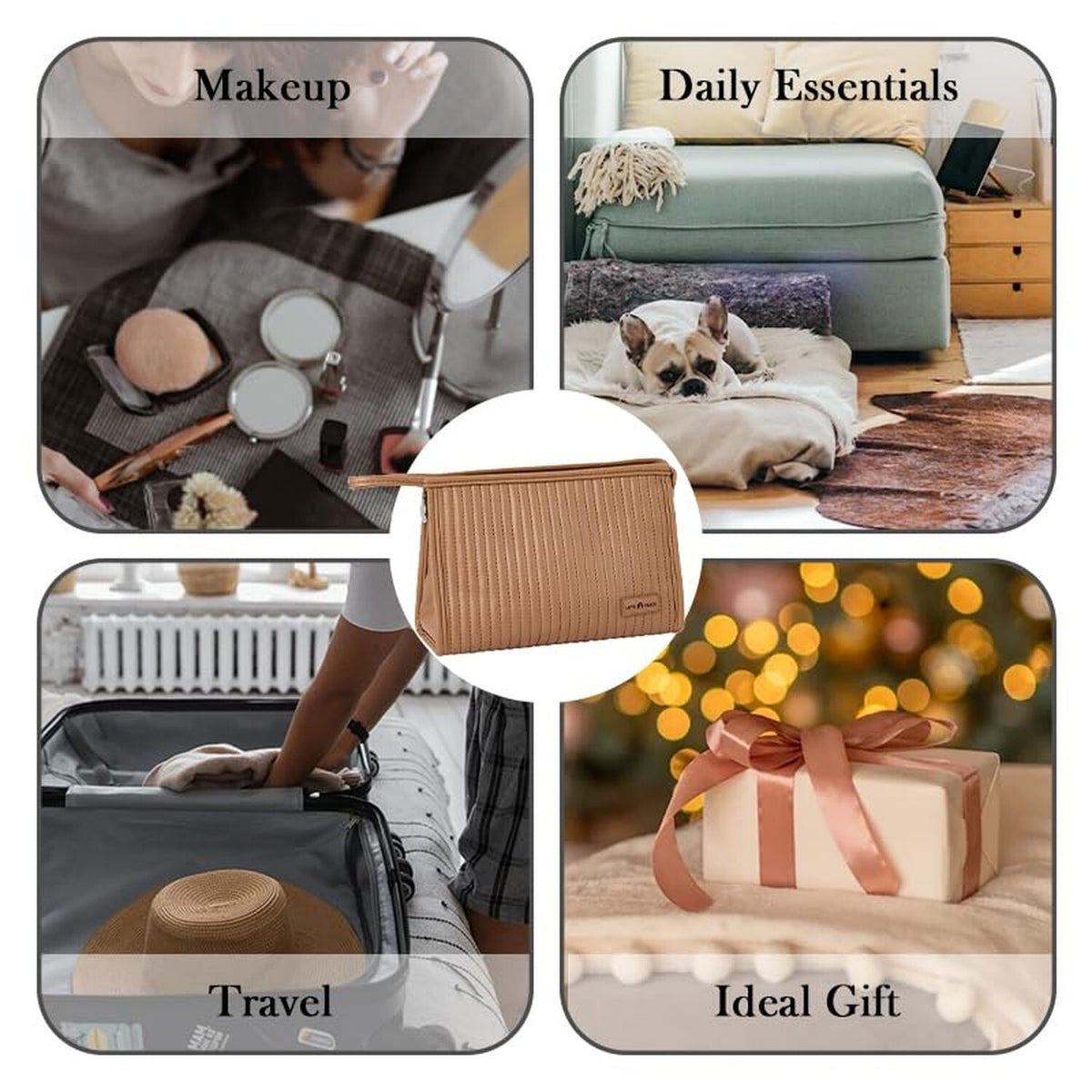Large Travel Makeup Bag with Flat Bottom and Mesh Pockets for Women