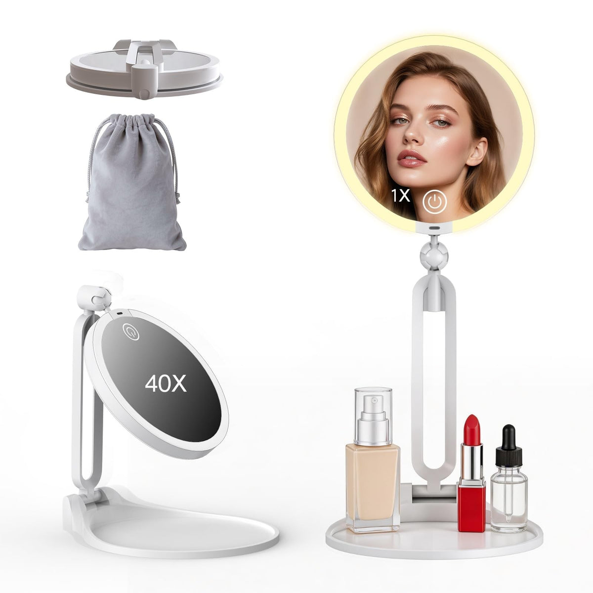 Travel Makeup Mirror with Lights 40X Magnification Dual-Sided Foldable & Dimmable