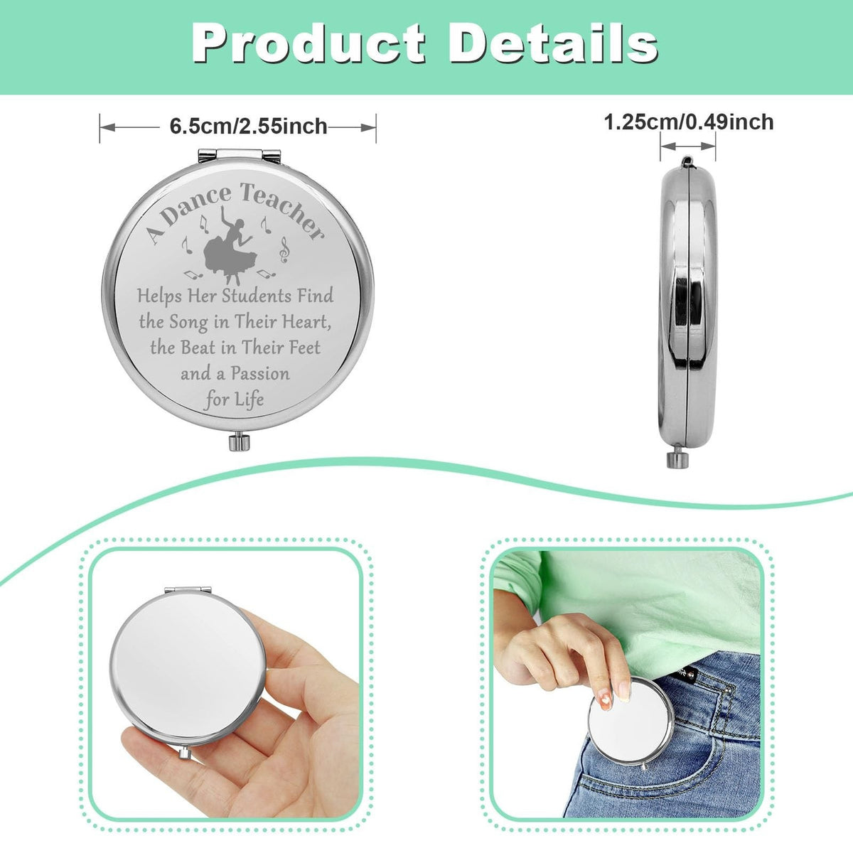 Portable Silver Makeup Mirror for Dance Teachers - Gift for Her