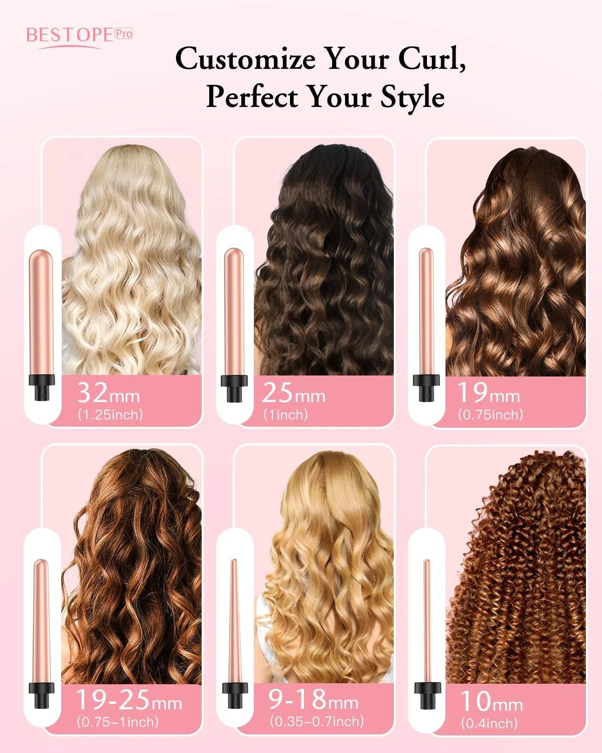 Bestope Pro 6-in-1 Curling Wand Set, 410°F High-Heat Ceramic Curling Iron, 8ft Swivel Cord
