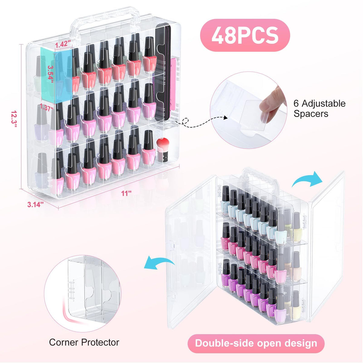 Double Sided Nail Polish Organizer Case for 48 Bottles, Transparent Storage Box