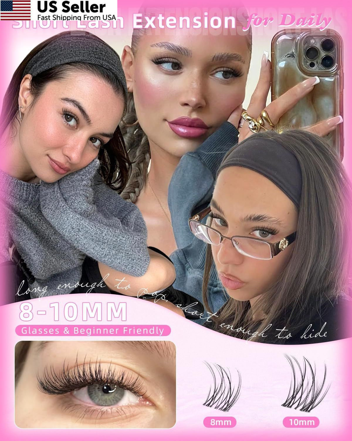 Short Clear Band Natural Lash Clusters - 8-10mm C-Curly Eyelash Extensions