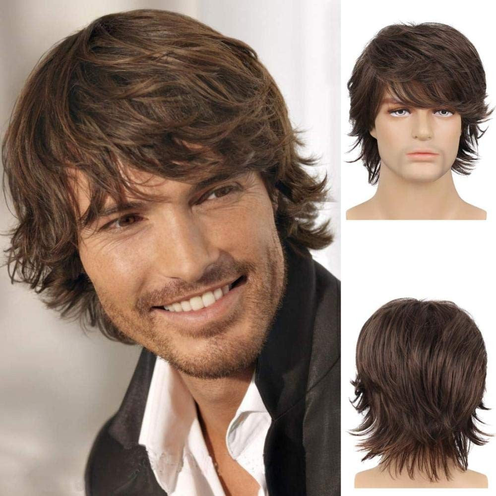 Mens Brown Short Layered Wavy Heat-Resistant Synthetic Wig for Cosplay & Casual
