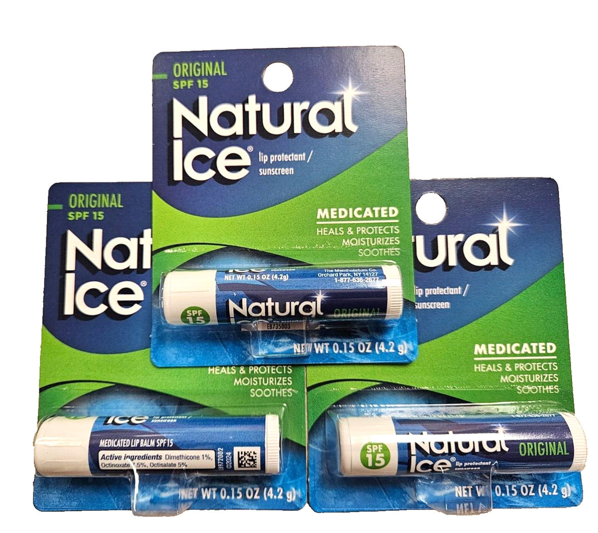 Mentholatum Lip Balm Natural Ice SPF 15 - Pack of 3 Tubes