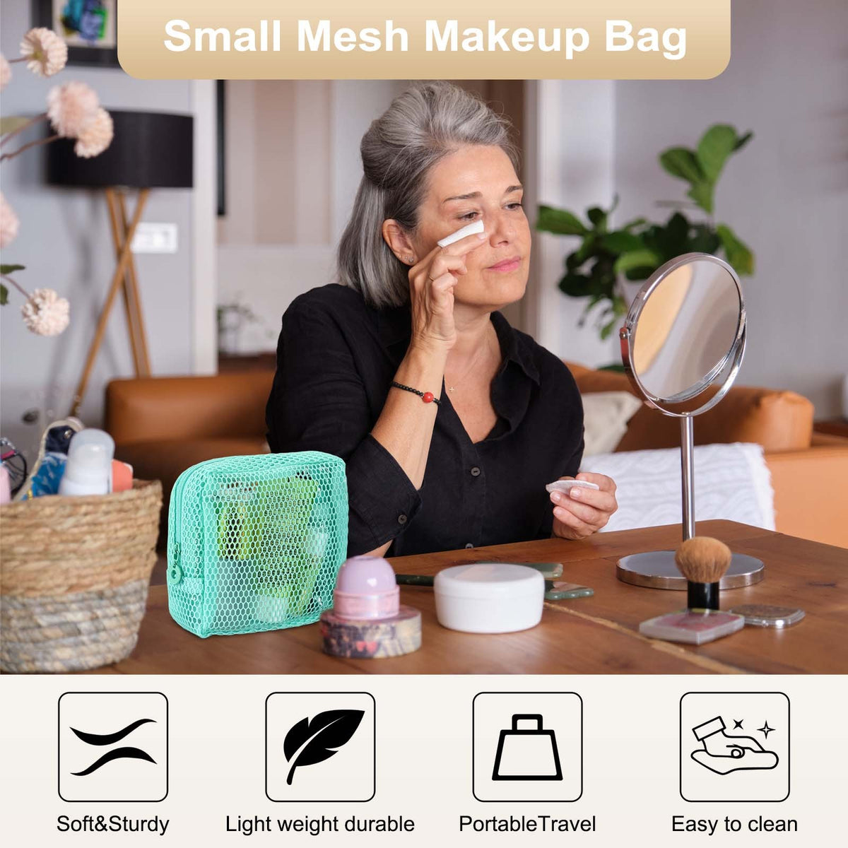 Mesh Makeup Bag - Square Travel Toiletry Organizer with Zipper, Yellow