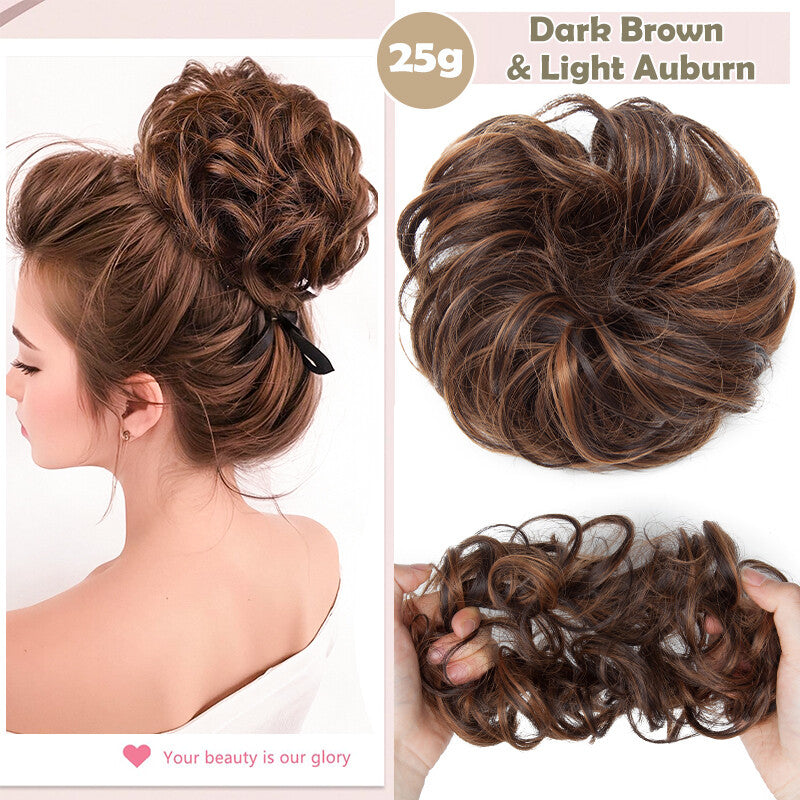 Natural Human Hair Messy Bun Ponytail Extensions with Curly Scrunchie Updo