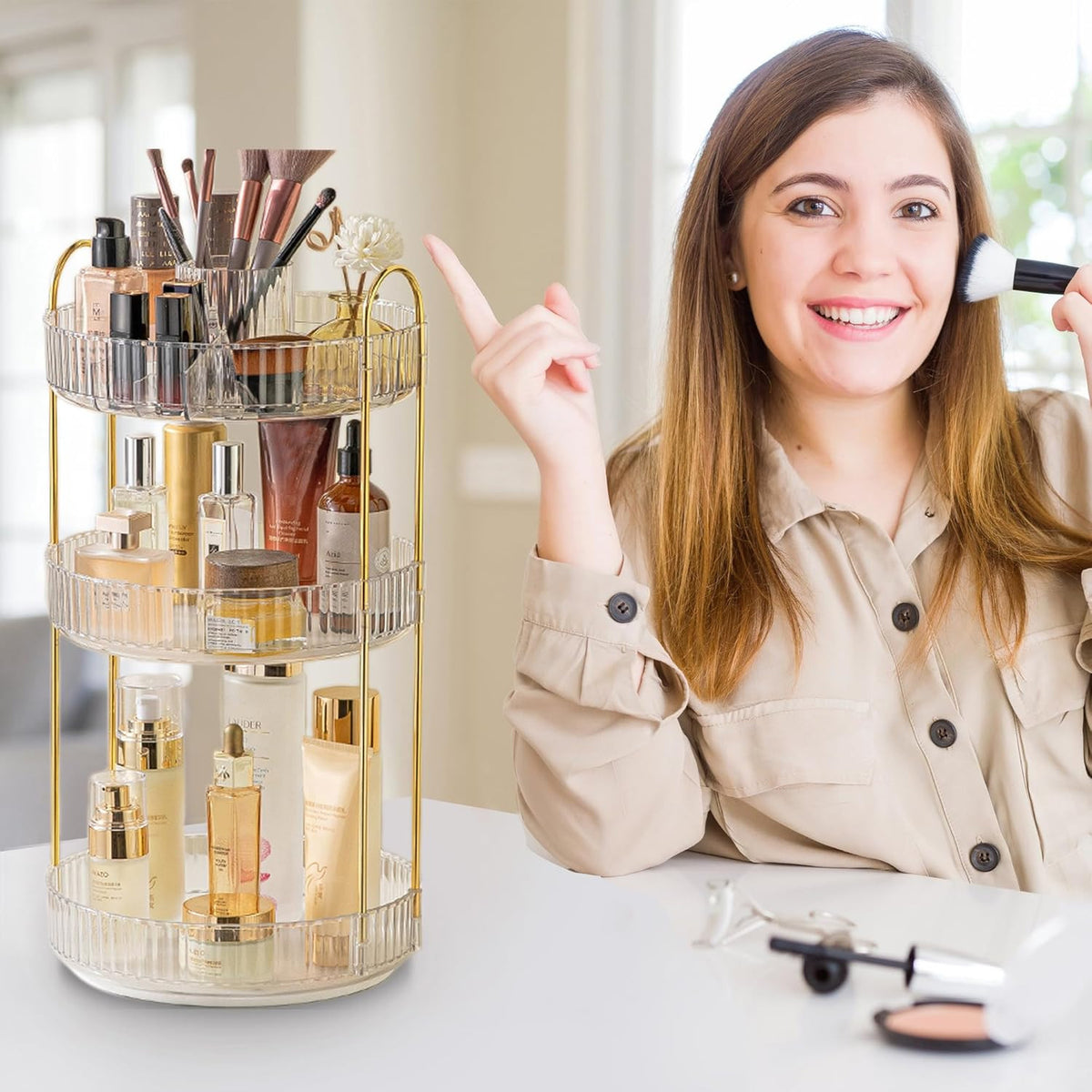 Rotating Makeup Organizer for Vanity - 3 Tier Perfume & Skincare Storage