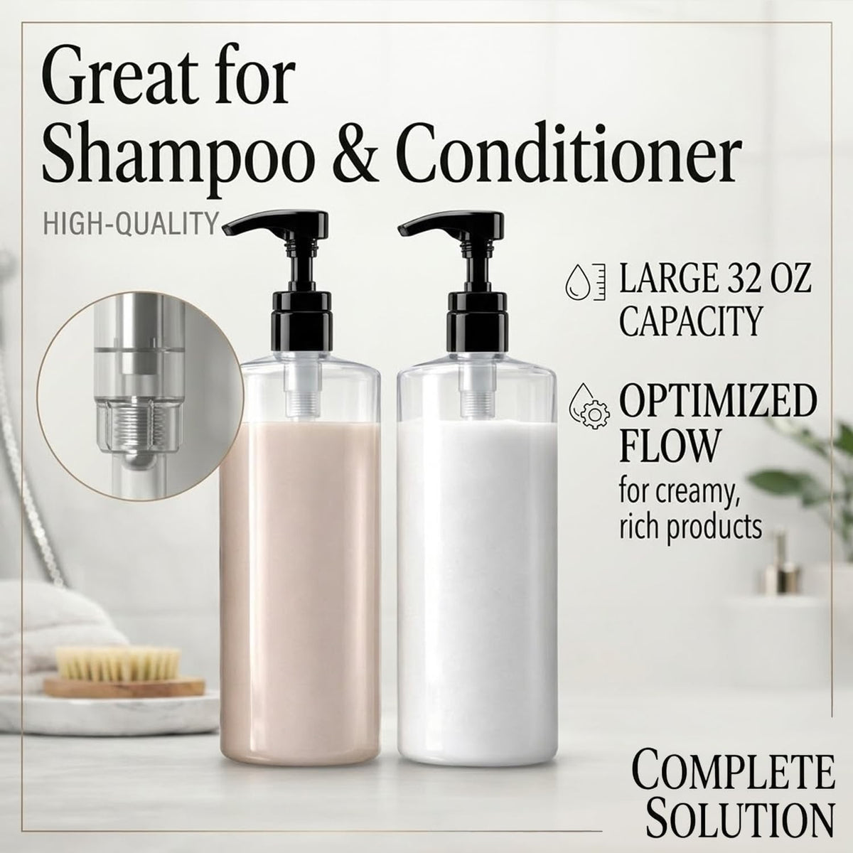 Salon-Quality Pump Dispensers for Shampoo & Conditioner - Black, 2 Pack