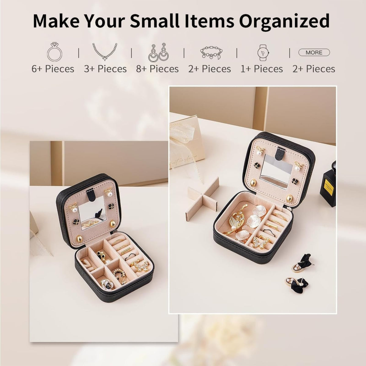 Travel Jewelry Case with Mirror and Skull Design, Black Faux Leather Organizer for Women