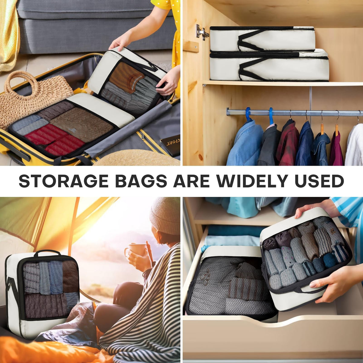 Travel Compression Packing Cubes Set - Lightweight Suitcase Organizers, Beige