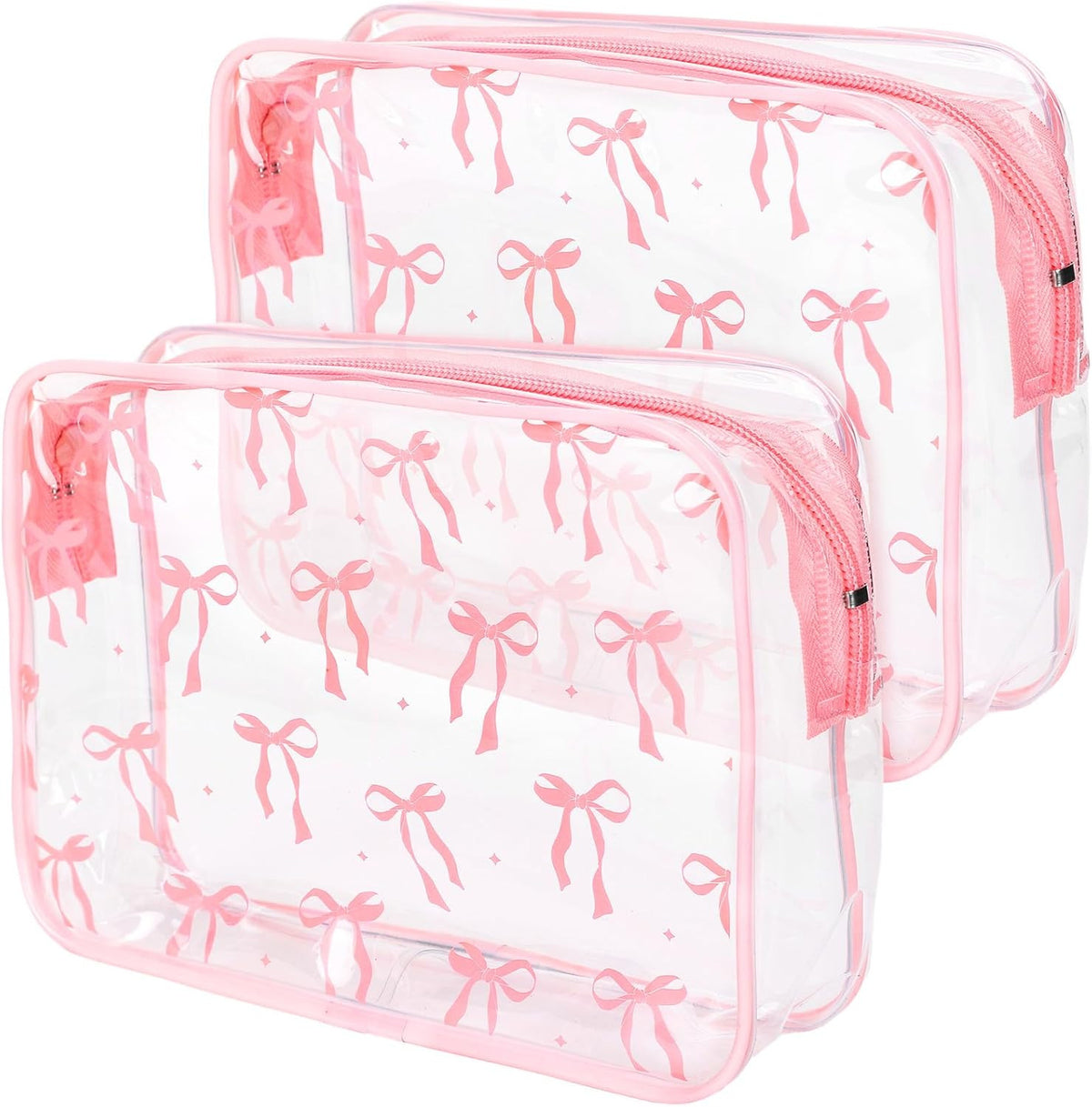 Pink Bow Clear Makeup Bags Set - Waterproof Cosmetic Travel Pouches for Women